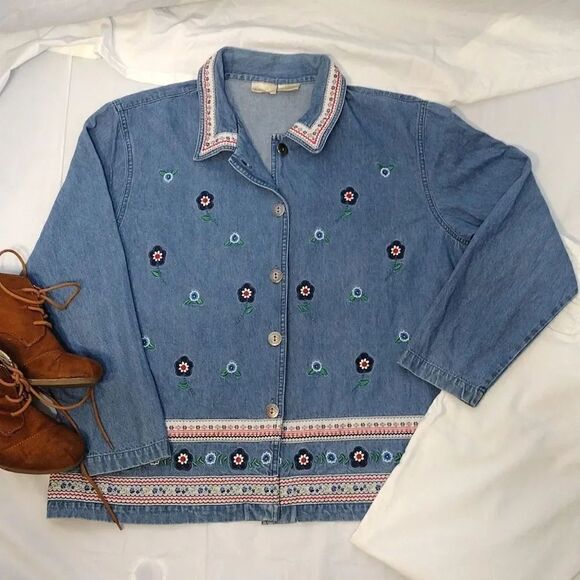VTG 90s Floral Denim Embroidered Button Front Cottagecore Cardigan XL - Picture 4 of 16